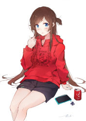 Rule 34 | 1girl, absurdres, blue eyes, blush, brown hair, can, cellphone, cellphone charm, charm (object), drink can, highres, jacket, kanojo okarishimasu, long hair, long sleeves, looking at viewer, luozhou pile, mizuhara chizuru, one side up, phone, red jacket, ruffling hair, shorts, simple background, sitting, soda can, solo, white background