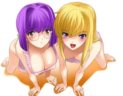 Rule 34 | all fours, apron, bent over, blonde hair, blush, breasts, cleavage, covered erect nipples, glasses, large breasts, naked apron, open mouth, purple eyes, purple hair, qoopie, smile, yellow eyes