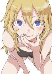 Rule 34 | 1girl, :q, absurdres, blonde hair, blue eyes, blush, camisole, character request, closed mouth, copyright request, hair between eyes, hand up, highres, licking lips, long hair, looking at viewer, shorts, simple background, sitting, solo, thighs, tongue, tongue out, white background, yamamoto souichirou