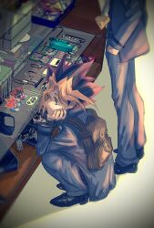 Rule 34 | 2boys, backpack, bag, character request, controller, game controller, hand in pocket, hand on own face, highres, male focus, millennium puzzle, multiple boys, muto yugi, pants, playstation controller, spot dian, squatting, wii u gamepad, yami yugi, yu-gi-oh!