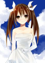 Rule 34 | 10s, 1girl, :3, bare shoulders, brown eyes, brown hair, cloud, cloudy sky, day, dress, earrings, elbow gloves, gloves, hair ribbon, heart, highres, jewelry, kantai collection, long hair, nashi (shi ra nu i), ribbon, ring, single earring, single elbow glove, sky, solo, strapless, strapless dress, tone (kancolle), twintails, wedding band, wedding dress, white dress
