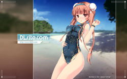 Rule 34 | 1girl, bare shoulders, breasts, brown hair, bun cover, casual one-piece swimsuit, chinese clothes, covered navel, dille blood, dlsite.com, double bun, hairband, highres, long hair, one-piece swimsuit, parted lips, purple eyes, refeia, solo, sweatdrop, swimsuit, twintails, wallpaper, wristband