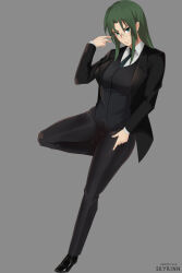 Rule 34 | 1girl, asougi rin, breasts, feet, glasses, green eyes, green hair, highres, large breasts, leg lift, legs, long hair, looking at viewer, mature female, mnemosyne, necktie, office lady, pants, smile, solo, thighs