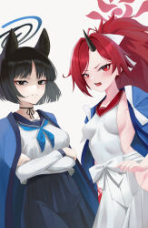 Rule 34 | 2girls, absurdres, animal ears, black eyes, black hair, black horns, black sailor collar, blue archive, blue halo, blue neckerchief, blue skirt, breasts, cat ears, clenched teeth, frown, groin, halo, haori, highres, horns, japanese clothes, kikyou (blue archive), long hair, long sleeves, looking at viewer, multiple girls, neckerchief, open mouth, pleated skirt, ponytail, red eyes, red hair, red halo, red sailor collar, renge (blue archive), sailor collar, short hair, sideboob, simple background, single horn, skirt, small breasts, teeth, white background, white skirt, ziz (pandora707)