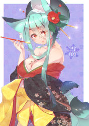Rule 34 | &gt;:), 1girl, animal ears, aqua hair, artist name, bare shoulders, blue background, blush, breast tattoo, breasts, closed mouth, collarbone, eyes visible through hair, floral print, flower, fox ears, fox tail, from side, glint, hair flower, hair ornament, hair over one eye, hairpin, head tilt, highres, holding, japanese clothes, kimono, kiseru, large breasts, long hair, looking at viewer, mole, mole under eye, multiple tails, obi, original, outside border, purple background, red eyes, sash, shaneru, smoking pipe, snowflakes, solo, tail, tattoo, thick eyebrows, v-shaped eyebrows, very long hair, yuujo