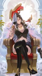 Rule 34 | 1girl, absurdres, arm tattoo, belt pouch, black footwear, black gloves, black hair, black shorts, black thighhighs, breasts, cleavage, closed mouth, coat, crossed legs, fur coat, fur sleeves, gloves, goddess of victory: nikke, gold choker, gun, half gloves, high heels, highres, holding, holding gun, holding weapon, jewelry, large breasts, light blush, long hair, looking at viewer, multicolored hair, parted hair, pouch, rakaieye, red eyes, rosanna (nikke), shirt, shorts, sitting, skull, smile, solo, split-color hair, stomach tattoo, striped clothes, striped shirt, tattoo, thighhighs, throne, vertical-striped clothes, vertical-striped shirt, weapon, white hair