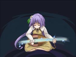 Rule 34 | 1girl, biwa lute, blue background, dress, closed eyes, flower, hair flower, hair ornament, inaba (akane-jika), indian style, instrument, long hair, lute (instrument), purple hair, sitting, solo, touhou, tsukumo benben, twintails, very long hair