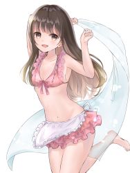Rule 34 | 1girl, apron, armpits, arms up, bare shoulders, bikini, bikini skirt, breasts, brown eyes, brown hair, frilled bikini, frills, groin, highres, long hair, looking at viewer, navel, open mouth, original, pink bikini, poe (528yuzunon), simple background, small breasts, smile, solo, stomach, swimsuit, towel, very long hair, waist apron, white background