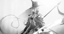 Rule 34 | 1girl, a9712mob, arknights, ascot, cape, earrings, gladiia (arknights), gloves, greyscale, hair over one eye, hat, high collar, highres, holding, holding polearm, holding weapon, jewelry, long hair, monochrome, one eye covered, pointy ears, polearm, profile, rain, simple background, solo, upper body, weapon, wet, white background