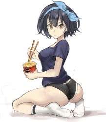 Rule 34 | 1girl, alice (sinoalice), ass, black hair, breasts, brown eyes, chopsticks, commentary, cup ramen, from behind, highres, looking at viewer, looking back, medium breasts, rakeemspoon, short hair, short shorts, shorts, simple background, sinoalice, socks, solo, white background, white socks