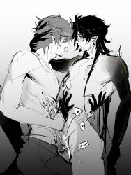 2boys blush cum cum_on_body cum_on_legs genshin_impact greyscale hand_on_another&#039;s_head hand_on_another&#039;s_hip hand_on_another&#039;s_stomach hand_on_another&#039;s_waist monochrome multiple_boys nipples saliva saliva_trail sex tartaglia_(genshin_impact) tongue tongue_out twitter white_background yaoi zhongli_(genshin_impact) zyzzzyy