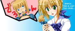 Rule 34 | 1girl, ahoge, artoria pendragon (all), artoria pendragon (fate), blonde hair, blue background, blue eyes, blue neckwear, blue ribbon, braid, crown braid, english text, fate/stay night, fate (series), figure, green eyes, hard-translated, holding, holding toy, japanese text, kineya emuko, multicolored background, open mouth, parody, ribbon, saber (fate), sader, shirt, sidelocks, solo, tears, third-party edit, toy, translated, white background, white shirt