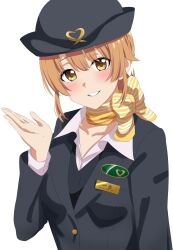 Rule 34 | 1girl, black headwear, black suit, blonde hair, blush, clenched teeth, collarbone, dars (recolors), female service cap, formal, hand up, highres, isshiki iroha, looking at viewer, neck ribbon, ribbon, simple background, smile, solo, suit, teeth, train conductor, upper body, white background, yahari ore no seishun lovecome wa machigatteiru., yellow eyes, yellow ribbon