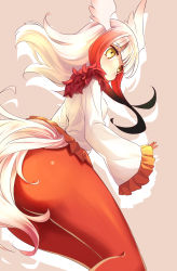 Rule 34 | 10s, 1girl, 54hao, absurdres, ass, black hair, blunt bangs, brown background, covered mouth, frilled sleeves, frills, fur collar, gloves, gradient hair, head wings, highres, japanese crested ibis (kemono friends), kemono friends, long hair, long sleeves, looking at viewer, looking back, multicolored hair, pantyhose, pleated skirt, red gloves, red hair, red pantyhose, red skirt, shirt, sidelocks, simple background, skirt, solo, tail, white hair, white shirt, white wings, wide sleeves, wings, yellow eyes