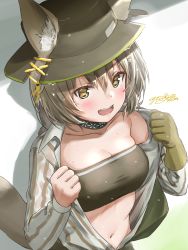 Rule 34 | 1girl, :d, animal ears, arknights, bandeau, bare shoulders, beanstalk (arknights), beanstalk (elite ii) (arknights), black choker, breasts, brown eyes, choker, cleavage, collarbone, ears through headwear, fedora, female focus, gloves, grey hair, grey shirt, hat, highres, hyena ears, hyena girl, hyena tail, infection monitor (arknights), long hair, long sleeves, looking at viewer, medium breasts, midriff, navel, off shoulder, open clothes, open mouth, open shirt, shirt, single glove, smile, solo, stomach, strapless, striped clothes, striped shirt, sweat, tail, tube top, upper body, yukinoshiro