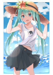 Rule 34 | 1girl, absurdres, aqua eyes, aqua hair, black skirt, blue sky, bracelet, cloud, commentary, contrapposto, cowboy shot, day, flower, hair between eyes, hands up, hat, hat flower, hatsune miku, hibiscus, highres, holding, holding clothes, holding hat, jewelry, long hair, looking at viewer, maud0239, miniskirt, ocean, open mouth, outdoors, pleated skirt, red flower, shirt, skirt, sky, smile, standing, straw hat, twintails, very long hair, vocaloid, white shirt