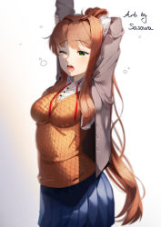 Rule 34 | 1girl, ;o, arched back, arm behind head, arms up, artist name, backlighting, blue skirt, brown hair, commentary, doki doki literature club, english commentary, gradient background, green eyes, grey jacket, hair ribbon, highres, jacket, long hair, long sleeves, monika (doki doki literature club), one eye closed, open clothes, open jacket, pleated skirt, ponytail, ribbon, sasoura, school uniform, simple background, skirt, sleepy, solo, stretching, very long hair, white ribbon, yawning
