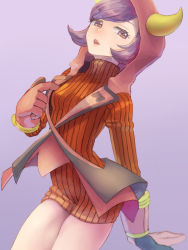Rule 34 | 1girl, bob cut, breasts, commentary request, courtney (pokemon), creatures (company), dress, eyelashes, fake horns, game freak, gloves, hand up, hood, hood up, horns, kikuyoshi (tracco), looking at viewer, nintendo, open mouth, orange dress, pink gloves, pokemon, pokemon oras, purple eyes, purple hair, ribbed dress, short dress, short hair, smile, solo, team magma, team magma uniform, teeth, turtleneck, turtleneck dress, upper teeth only