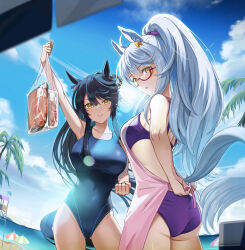 Rule 34 | 2girls, animal ears, apron, arm up, ass, bag, bandaid, bandaid on face, bandaid on nose, beach, beach umbrella, bikini, biwa hayahide (umamusume), black hair, breasts, clenched hands, cloud, collarbone, commentary request, covered navel, cowboy shot, day, food, glasses, gluteal fold, highres, horse ears, horse girl, horse tail, kuzumochi (kuzumochiya), large breasts, lens flare, lifeguard chair, long hair, looking at viewer, looking back, meat, multiple girls, narita brian (umamusume), one-piece swimsuit, outdoors, palm tree, parted lips, plastic bag, ponytail, purple bikini, revision, semi-rimless eyewear, siblings, sisters, smile, swimsuit, tail, tree, tying apron, umamusume, umbrella, water, white hair, yellow eyes