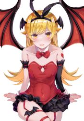 Rule 34 | 1girl, :d, absurdres, alternate costume, animal ears, arms behind back, asymmetrical sleeves, bare shoulders, black hairband, black skirt, black wings, blonde hair, blush, bow, bowtie, breasts, cleavage, covered navel, cowboy shot, demon wings, detached collar, detached sleeves, fake animal ears, frilled skirt, frills, hairband, happy, head wings, highres, hip focus, layered skirt, leotard, long hair, looking at viewer, miniskirt, monogatari (series), open mouth, oshino shinobu, rabbit ears, red bow, red bowtie, red leotard, red ribbon, red wings, ribbon, simple background, sitting, skin tight, skirt, skirt under leotard, small breasts, smile, solo, thigh strap, thighs, vampire, white background, wings, wrist cuffs, yellow eyes, yuunamida uyu