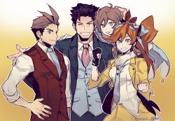 Rule 34 | 2boys, 2girls, ace attorney, apollo justice, athena cykes, bad id, bad twitter id, blue necktie, brown hair, father and daughter, formal, hair slicked back, long hair, multiple boys, multiple girls, necktie, oneul haru, orange hair, phoenix wright, pink necktie, side ponytail, suit, trucy wright, waistcoat