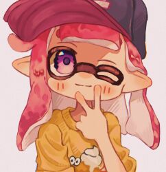 Rule 34 | 1girl, baseball cap, black hat, closed mouth, commentary request, hat, highres, inkling, inkling girl, inkling player character, long hair, nintendo, ochocho2828, one eye closed, pointy ears, purple eyes, red hair, simple background, smile, solo, splatoon (series), splatoon 3, tentacle hair, upper body, v, white background