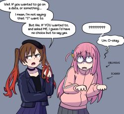 Rule 34 | . ., 2girls, ?, ??, bocchi the rock!, brown eyes, brown hair, clueless, commentary, cube hair ornament, dating, eggtempest, english commentary, english text, gotoh hitori, hair ornament, highres, jacket, long hair, multicolored hair, multiple girls, nervous, ootsuki yoyoko, pink hair, pink jacket, red streaks, speech bubble, streaked hair, tsundere, yuri