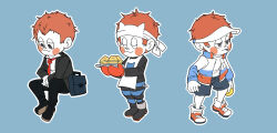 Rule 34 | 1boy, :3, alternate costume, animal ear headband, animal print, ankle socks, apron, ball, belt, black belt, black eyes, black footwear, black pants, blazer, blue background, blue collar, blue jacket, blue pants, blue shorts, blue sleeves, blush stickers, boots, briefcase, cat print, cigarette, closed eyes, closed mouth, collar, collared jacket, collared shirt, cream puff, danganronpa (series), danganronpa v3: killing harmony, food, grey jacket, half-closed eyes, hands on lap, hat, headband, high collar, holding, holding ball, holding plate, hoshi ryoma, jacket, jersey, lapels, leather, leather jacket, loiodg, looking ahead, male focus, mittens, mouth hold, multicolored clothes, multicolored jacket, multiple views, necktie, notched lapels, open clothes, open jacket, orange footwear, orange hair, orange jacket, oven mitts, own hands together, pants, plate, pocket, red mittens, red necktie, shirt, shoes, short hair, shorts, simple background, single ankle cuff, sitting, smile, sneakers, socks, striped clothes, striped pants, tennis ball, two-tone pants, two-tone sleeves, visor cap, white apron, white hat, white headband, white jacket, white shirt, white sleeves, white socks