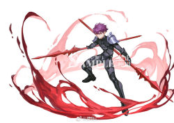 Rule 34 | 1boy, alternate hair length, alternate hairstyle, armor, black bodysuit, bodysuit, bulge, covered abs, fate/grand order, fate (series), fighting stance, full body, gae bolg (fate), genderswap, genderswap (ftm), hair between eyes, harness, holding, holding polearm, holding spear, holding weapon, looking at viewer, male focus, mosi l, pauldrons, pectorals, polearm, purple hair, red eyes, sample watermark, scathach (fate), short hair, shoulder armor, skin tight, solo, spear, thighs, toned, toned male, watermark, weapon, white background