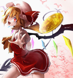 Rule 34 | 1girl, ascot, bad id, bad pixiv id, bat (animal), blonde hair, coin, fangs, female focus, flandre scarlet, hat, hat ribbon, highres, kozou, kozou (soumuden), laevatein, open mouth, outstretched arm, red eyes, ribbon, short hair, side ponytail, skirt, skirt set, smile, solo, touhou, wings
