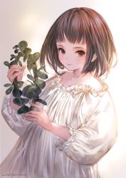 1girl backlighting brown_eyes brown_hair collarbone female_focus looking_at_viewer mole mole_under_eye nightgown original short_hair signature simple_background sleepwear solo unworn_headwear upper_body wadanaka wreath