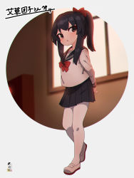 Rule 34 | 1girl, arms behind back, black hair, black sailor collar, black skirt, blurry, blurry background, blush, bow, brown eyes, commentary, commission, depth of field, full body, hair bow, highres, kuro kosyou, long sleeves, original, pantyhose, pleated skirt, ponytail, red bow, sailor collar, school uniform, serafuku, shirt, shoes, sidelocks, skeb commission, skirt, solo, standing, standing on one leg, uwabaki, white footwear, white pantyhose, white shirt