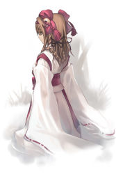 Rule 34 | 00s, 1girl, alternate costume, ar tonelico, ar tonelico i, aurica nestmile, back, bow, braid, brown hair, from behind, gust, hair bow, hair ribbon, hakama, hakama skirt, japanese clothes, long hair, miko, nagi ryou, official art, outdoors, profile, ribbon, single braid, skirt, solo, standing, wading, water, white background