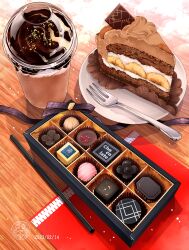 Rule 34 | absurdres, banana, banana slice, box, box of chocolates, cake, cake slice, chocolate, chocolate cake, cup, dated, disposable cup, drink, drinking straw, flower-shaped chocolate, food, food focus, fork, frappuccino, fruit, highres, ooranokohaku, original, plate, purple ribbon, ribbon, still life, table, wooden table
