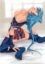 Rule 34 | 1girl, animal ears, arched back, ass, bar censor, bare shoulders, bell, bend, blue hair, breasts, censored, collar, feet, fingerless gloves, from behind, full body, gekato, gloves, happy, highres, japanese clothes, kimono, kimono pull, large breasts, long hair, looking at viewer, looking back, neck bell, nipples, no panties, no shoes, open clothes, open mouth, rance (series), scan, sengoku rance, short kimono, simple background, slit pupils, smile, solo, spread legs, suzume (rance), tan, thighhighs, toe scrunch, yellow eyes