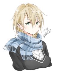 Rule 34 | 1girl, :o, aoi rin (miya1102), artist name, black shirt, blonde hair, blouse, blue scarf, blush, buttons, dated, earrings, green eyes, hair between eyes, jewelry, looking at viewer, original, parted lips, plaid, plaid scarf, scarf, shirt, short hair, signature, simple background, solo, upper body, white background, white shirt