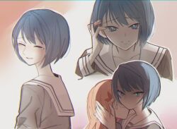 2girls blue_eyes blue_hair blush commentary grey_shirt hanasato_minori hand_on_another&#039;s_head kiritani_haruka long_hair multiple_girls nukosakana24 orange_background orange_hair parted_lips project_sekai sailor_collar school_uniform serafuku shirt short_hair smile sweatdrop symbol-only_commentary tears white_background white_sailor_collar yuri