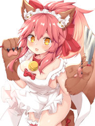 Rule 34 | 1girl, animal ears, animal hands, apron, bell, bow, breasts, cleavage, collar, fate/grand order, fate (series), fox ears, fox girl, fox tail, gloves, hair bow, holding, holding knife, jingle bell, knife, long hair, looking at viewer, medium breasts, naked apron, neck bell, paw gloves, pink hair, ponytail, red bow, rururiaru, simple background, solo, tail, tamamo (fate), tamamo cat (fate), tamamo cat (third ascension) (fate), white apron, white background, yellow eyes