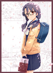 Rule 34 | 1girl, anko222g, artist name, backpack, bag, black-framed eyewear, blue sailor collar, blue shirt, blue skirt, border, brown cardigan, bush, cardigan, chain-link fence, cherry blossoms, closed mouth, commentary request, cowboy shot, fence, flower, from side, glasses, hair flower, hair ornament, hair tie, head tilt, highres, holding, holding bag, idolmaster, idolmaster million live!, light blush, long hair, looking at viewer, looking to the side, low twintails, miniskirt, neckerchief, open cardigan, open clothes, outdoors, outside border, partially colored, petals, pink border, pink flower, pleated skirt, pocket, purple hair, red eyes, sailor collar, school bag, school uniform, serafuku, shirt, skirt, sleeves past wrists, smile, solo, standing, takayama sayoko, tree, twintails, v arms, white neckerchief