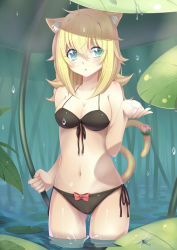 Rule 34 | 1girl, animal ears, bikini, black bikini, blonde hair, blue eyes, blush, breasts, bug, cat ears, cat tail, chestnut mouth, cleavage, covered erect nipples, dragonfly, front-tie top, highres, holding, in water, insect, large breasts, long hair, nail polish, original, rain, side-tie bikini bottom, solo, sonikey0 0, swimsuit, tail, wading, water drop