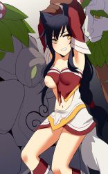 Rule 34 | 1girl, 2boys, ahri (league of legends), ap@meito, armpits, arms up, black hair, blouse, blush, breasts, breasts out, clenched teeth, fox girl, highres, imminent penetration, ivern, kitsune, kneehighs, league of legends, long hair, medium breasts, multiple boys, navel, nipples, one breast out, red shirt, restrained, shirt, socks, sweatdrop, teeth, torn clothes, yellow eyes