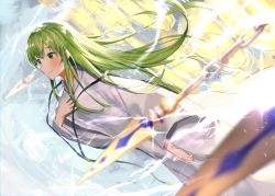 Rule 34 | akamizuki (akmzk), androgynous, black neckwear, blurry, blurry foreground, blush, chain, enkidu (fate), enkidu (weapon) (fate), fate/grand order, fate/strange fake, fate (series), floating hair, gate of babylon (fate), gender request, green eyes, green hair, hand on own chest, light blush, long hair, long sleeves, looking ahead, robe, smile, sparkle, white robe, wide sleeves