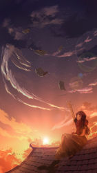 Rule 34 | 1girl, arm up, asaka fuyutoshi, brown hair, chinese commentary, closed eyes, closed mouth, cloud, commentary request, flying paper, highres, long hair, on roof, original, paper, rooftop, scenery, sitting, sitting on roof, sky, smile, solo, star (sky), starry sky, sunset, tile roof