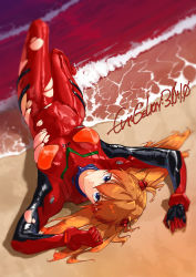 Rule 34 | 1girl, absurdres, beach, blue eyes, bodysuit, breasts, closed mouth, clothes writing, commentary, copyright name, covered navel, dutch angle, evangelion: 3.0+1.0 thrice upon a time, exia-eku1025, full body, hair between eyes, hair down, highres, interface headset, long hair, looking at viewer, lying, medium breasts, multicolored bodysuit, multicolored clothes, neon genesis evangelion, ocean, on back, on ground, orange bodysuit, orange hair, pilot suit, plugsuit, rebuild of evangelion, red bodysuit, sand, skin tight, skindentation, solo, souryuu asuka langley, torn bodysuit, torn clothes, two side up, water, wide hips