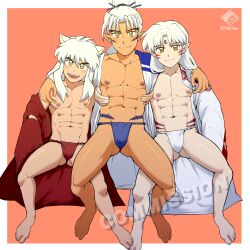 Rule 34 | 0027woo, 3boys, abs, aged down, anal tail, brothers, bulge, butt plug, collar, demon boy, facial mark, fake tail, father and son, fox boy, fundoshi, inu no taishou, inuyasha, inuyasha (character), japanese clothes, kimono, long hair, male focus, multiple boys, muscular, muscular male, nipples, pectorals, pointy ears, ponytail, sesshoumaru, siblings, tail, white hair, yaoi, yellow eyes
