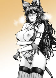 Rule 34 | 1girl, arm strap, arms under breasts, bare shoulders, blush, bra, bra pull, breasts, breasts out, closed mouth, clothes pull, crotchless, crotchless panties, erune, female pubic hair, gloves, gradient background, granblue fantasy, greyscale, greyscale with colored background, hair between eyes, ilsa (granblue fantasy), large breasts, lingerie, long hair, looking at viewer, monochrome, mushi024, navel, nipples, orange background, panties, pubic hair, solo, thighhighs, thighs, underwear