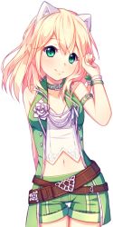 Rule 34 | 1girl, animal ears, arm behind back, bare arms, belly, belt, blonde hair, blush, cat ears, collar, extra ears, eyebrows, flower ornament, green eyes, green shorts, hand in own hair, head tilt, hyanna-natsu, looking at viewer, midriff, multiple belts, navel, open clothes, original, pointy ears, shirt, shorts, smile, solo, thigh gap, transparent background, vest, wristband