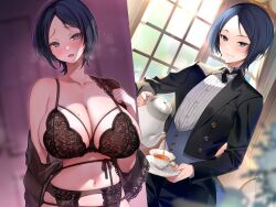 Rule 34 | 1girl, arrow (tamawo222), black pants, black ribbon, black suit, blue eyes, blue hair, bra, breasts, butler, buttons, cleavage, collarbone, cup, female butler, formal, highres, holding, holding saucer, holding teapot, lace, lace-trimmed garter belt, lace-trimmed nightgown, lace bra, lace trim, large breasts, mole, mole on breast, mole under mouth, neck ribbon, original, pants, ribbon, saucer, shirt, striped clothes, striped shirt, suit, tea, teacup, teapot, underwear, vertical-striped clothes, vertical-striped shirt, waistcoat, white shirt, window