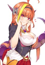 Rule 34 | 1girl, ahoge, blonde hair, blunt bangs, bow, breast cutout, breasts, cleavage, cowboy shot, dragon girl, dragon horns, dragon tail, eyes visible through hair, fang, hair between eyes, highres, hololive, horn bow, horn ornament, horns, kiryu coco, kiryu coco (1st costume), large breasts, long hair, looking at viewer, multicolored hair, orange hair, red skirt, simple background, skirt, smile, solo, standing, striped, striped bow, tail, two-tone hair, virtual youtuber, white background, yuya (yuya illust)