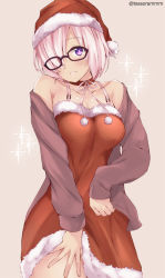 Rule 34 | 1girl, alternate costume, bad id, bad pixiv id, bare shoulders, black-framed eyewear, blush, bra strap, breasts, brown background, brown cardigan, cardigan, cleavage, collarbone, commentary request, dress, fate/grand order, fate (series), fur-trimmed dress, fur-trimmed headwear, fur trim, glasses, hair between eyes, hair over one eye, hat, long sleeves, mash kyrielight, medium breasts, open cardigan, open clothes, parted lips, pink hair, purple eyes, red dress, red hat, santa costume, santa hat, simple background, sleeves past wrists, smile, solo, strapless, strapless dress, tasora, tube dress, twitter username